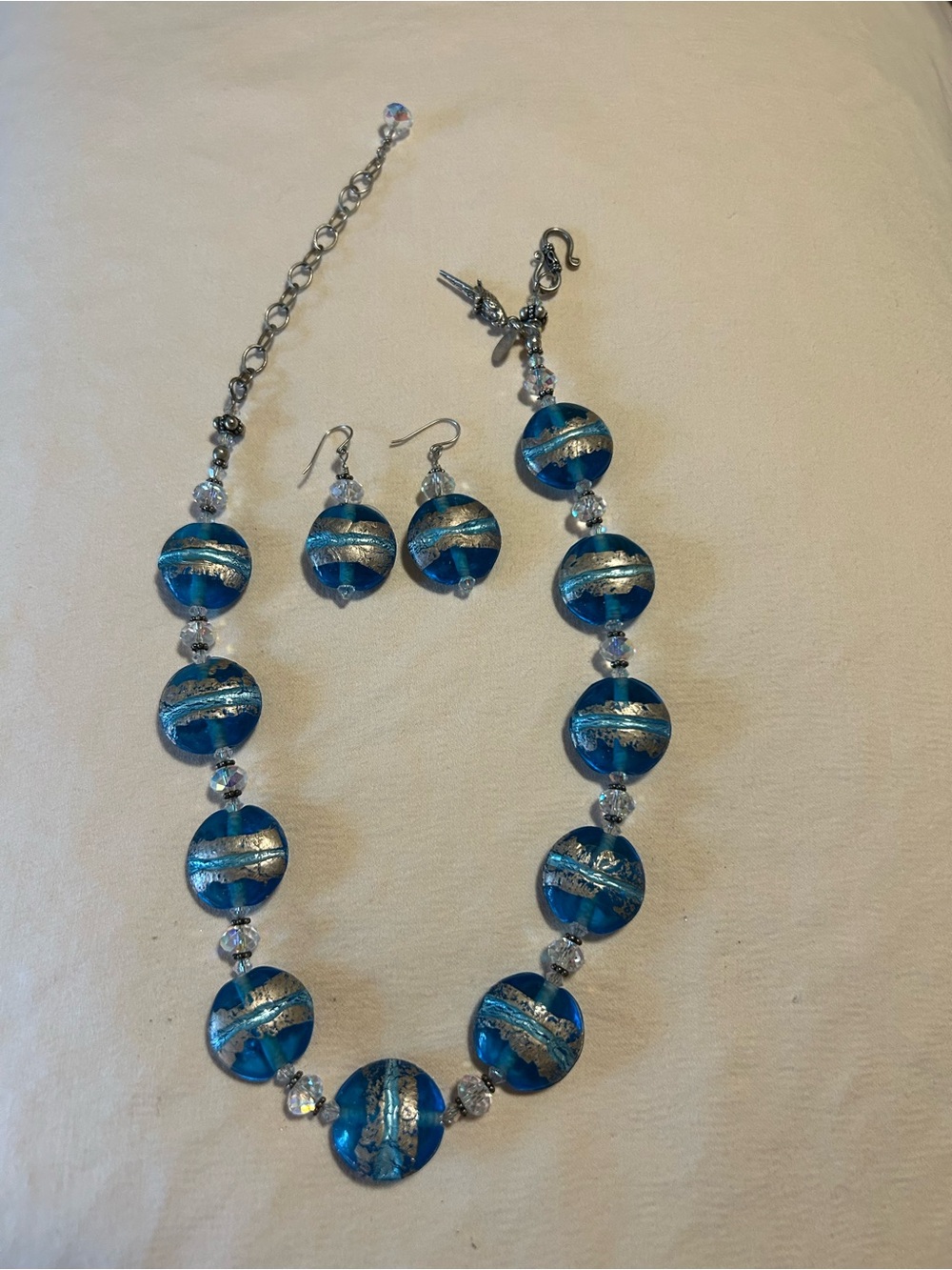 Blue Glass Bead Necklace and Earrings Set